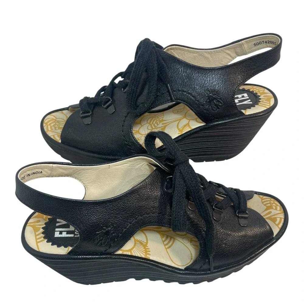 FLY London Ylfa Black Lace-Up Leather Wedge Sandals Women’s Size EUR 39 US 8-8.5
